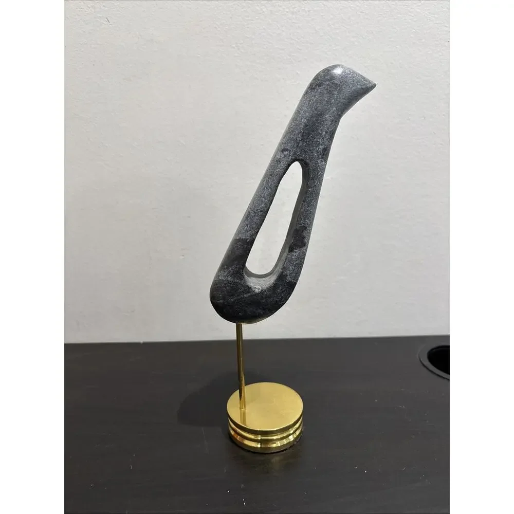 West Elm Mid Century Modern MCM Marble Bird Sculpture On Brass Stand 11” Black